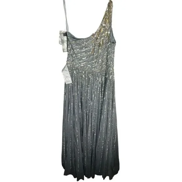 Mac Duggal Dress 16 Silver One Shoulder‎ Embellished Sequin Beaded Maxi Gown NWT - Picture 13 of 15